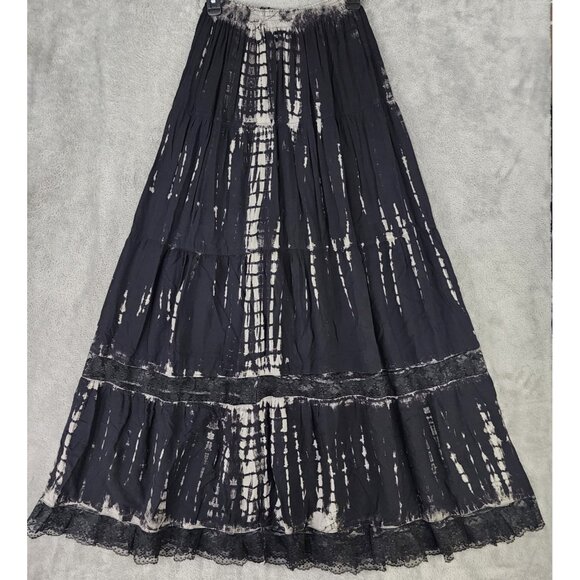 Womens Skirt Small Black Tie Dye Laced Trim Boho Hippie Flowy Beach Maxi - Picture 1 of 8